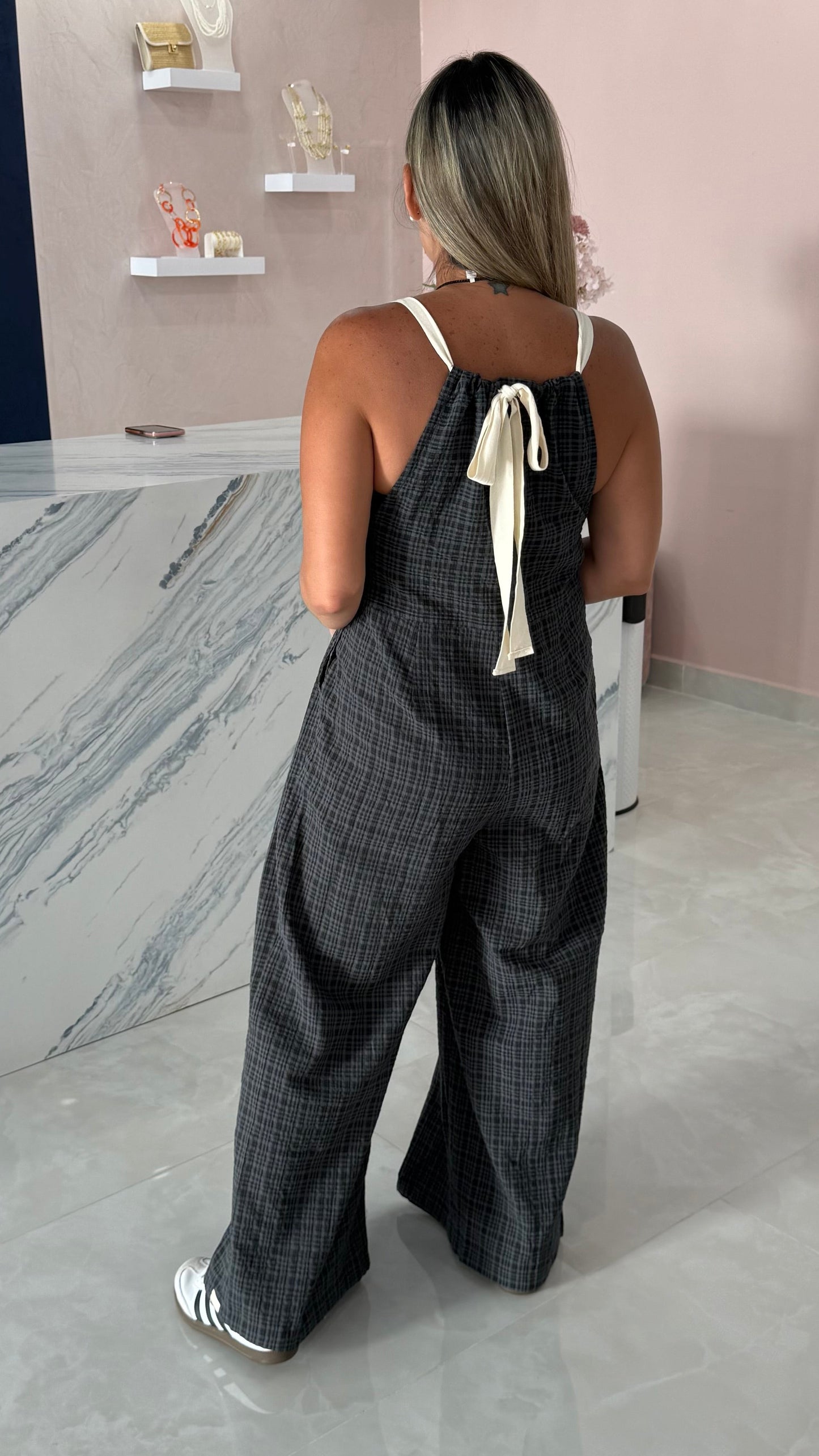 Plaid Overall Adjustable Ankle Black