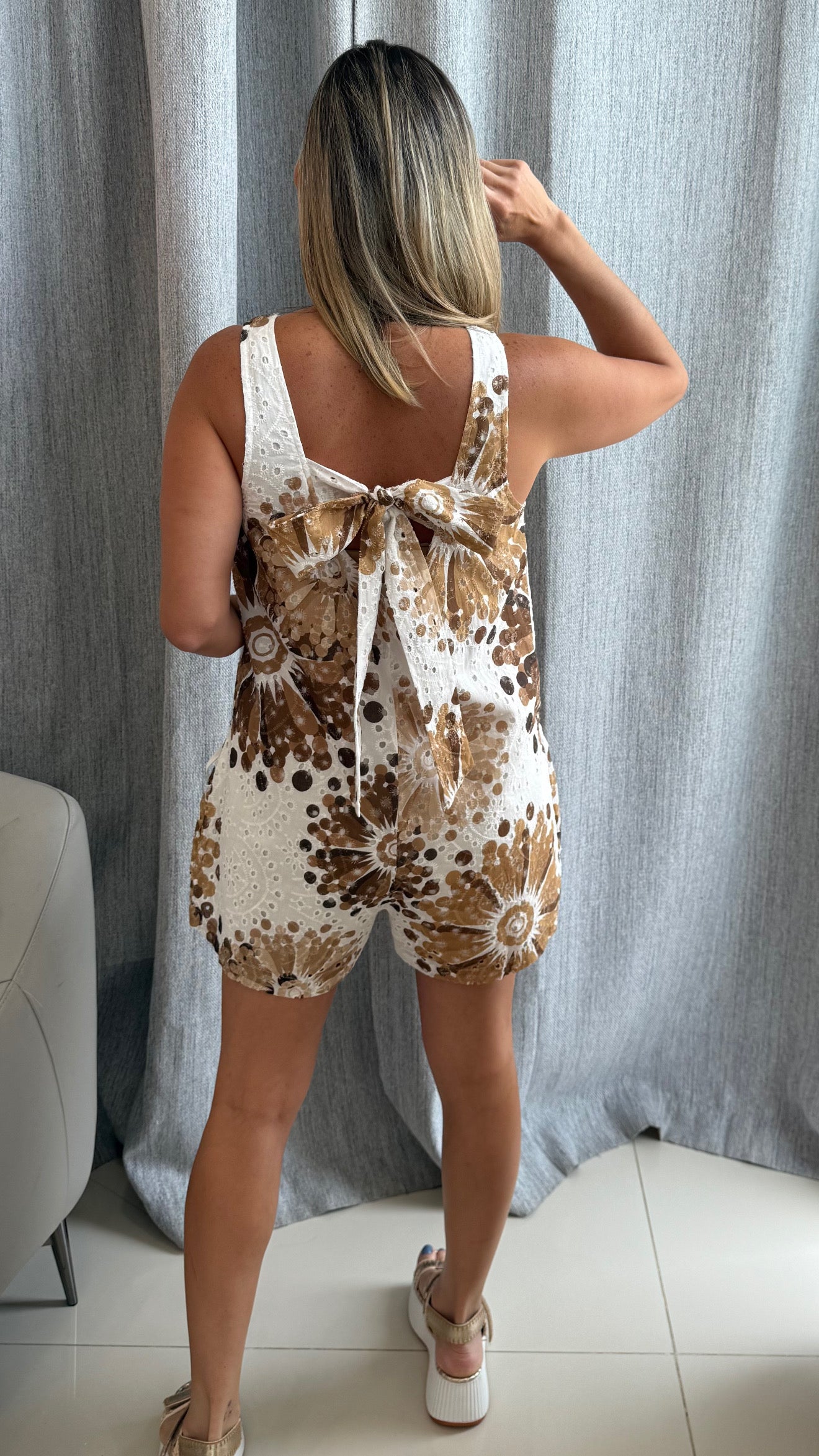 Printed Eyelet Romper Taupe