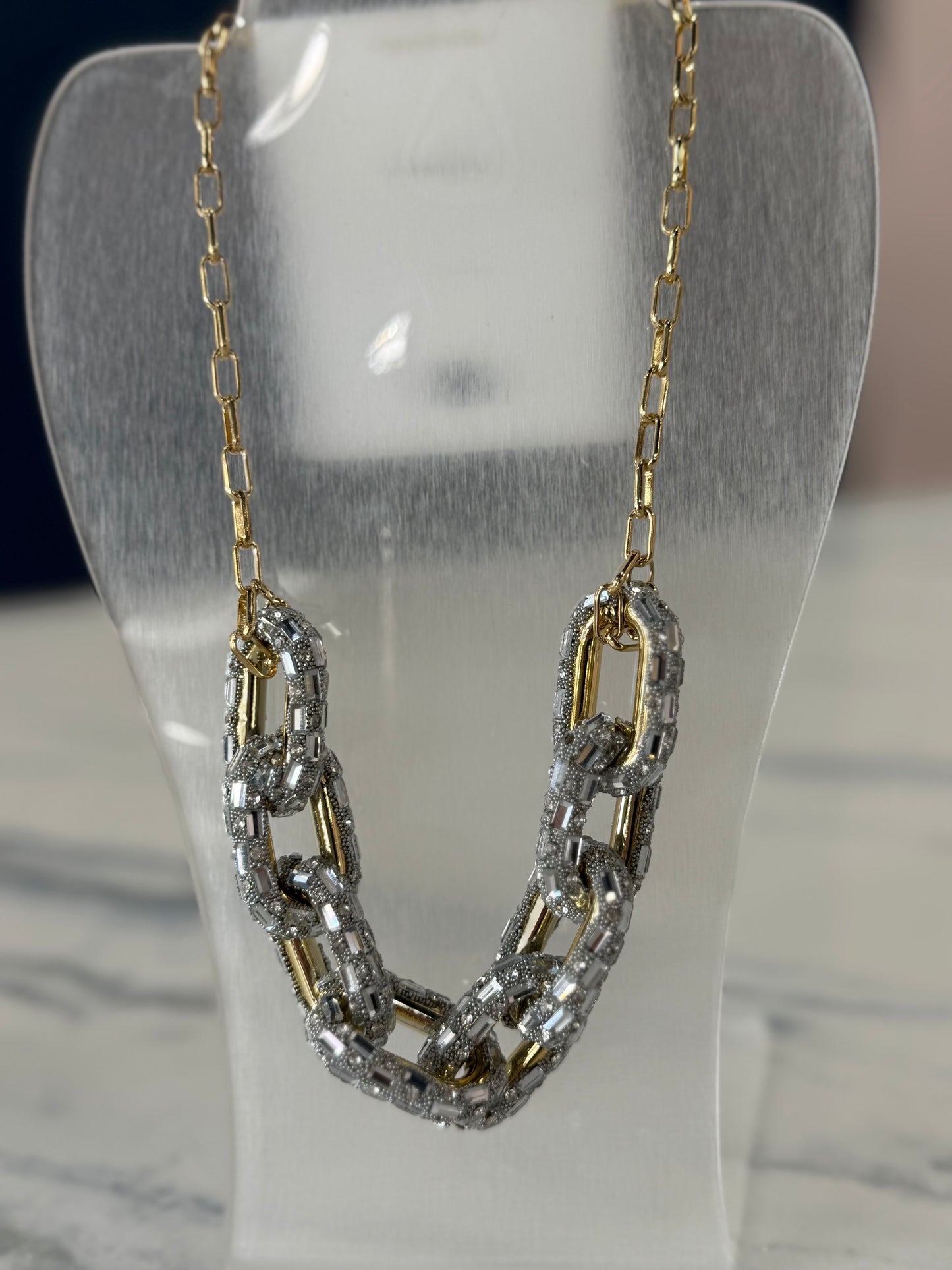 Rhinestone Chain Gld & Slv Necklace
