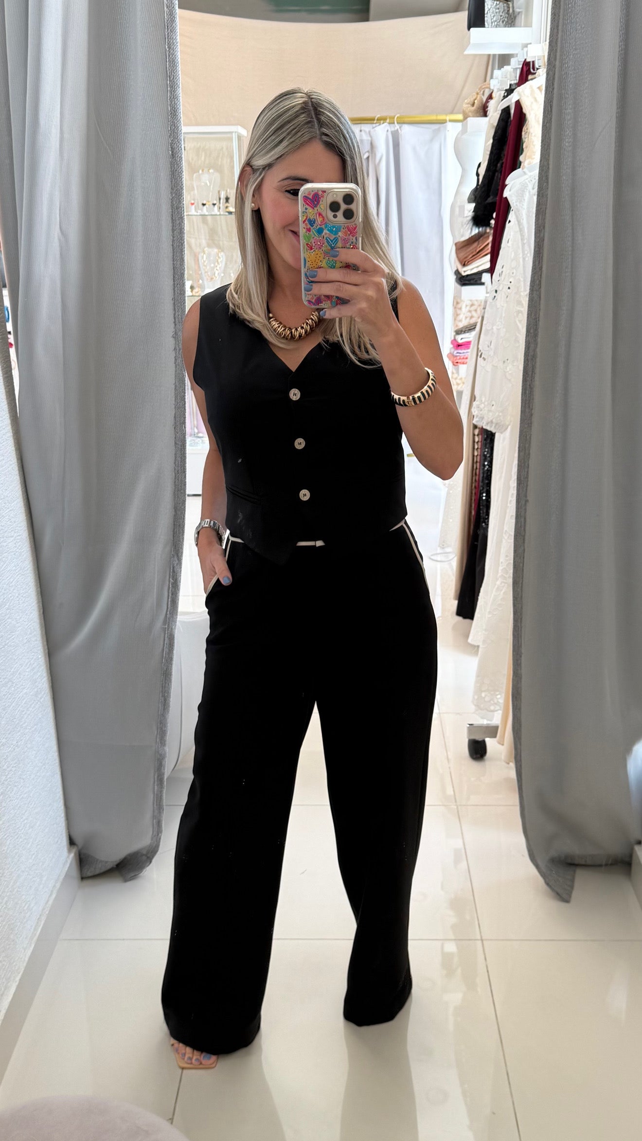 Contrast Straight Leg Pants Black