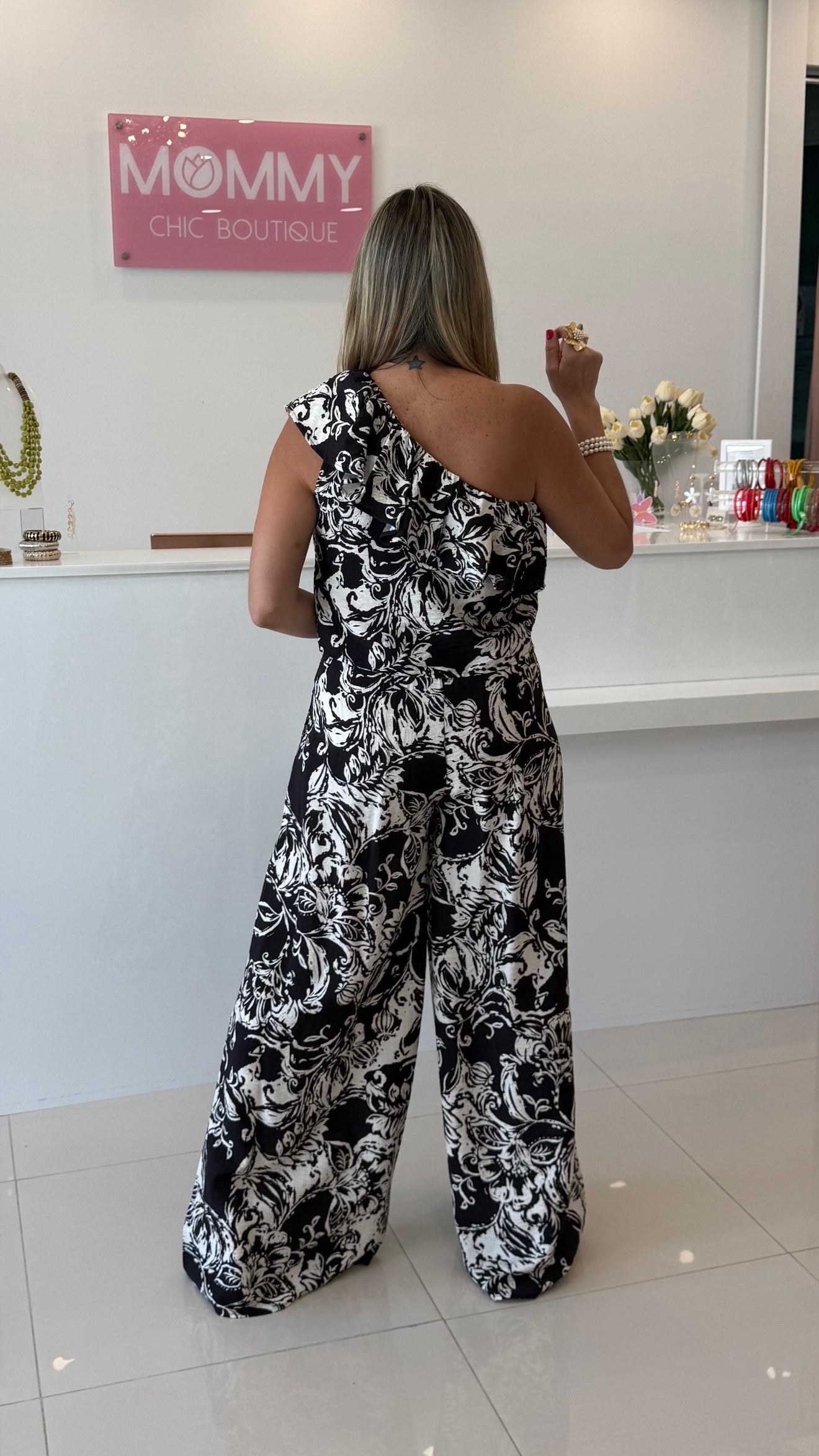 Printed One Shoulder Top & Pant Set Black