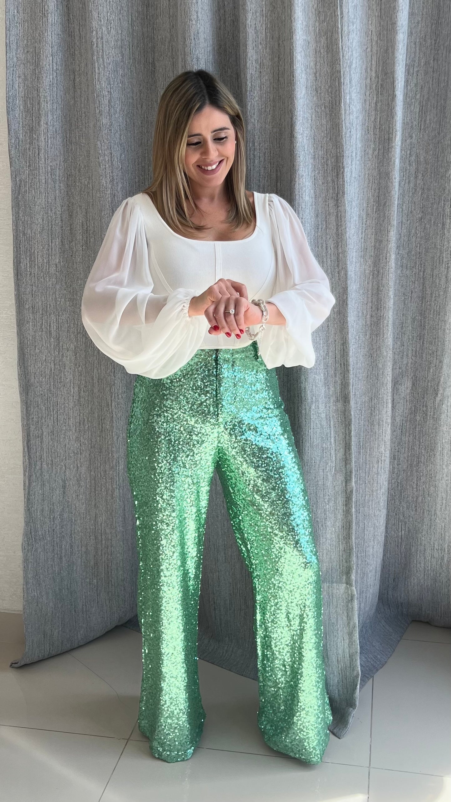 Sequins High Waist Pant - Mint