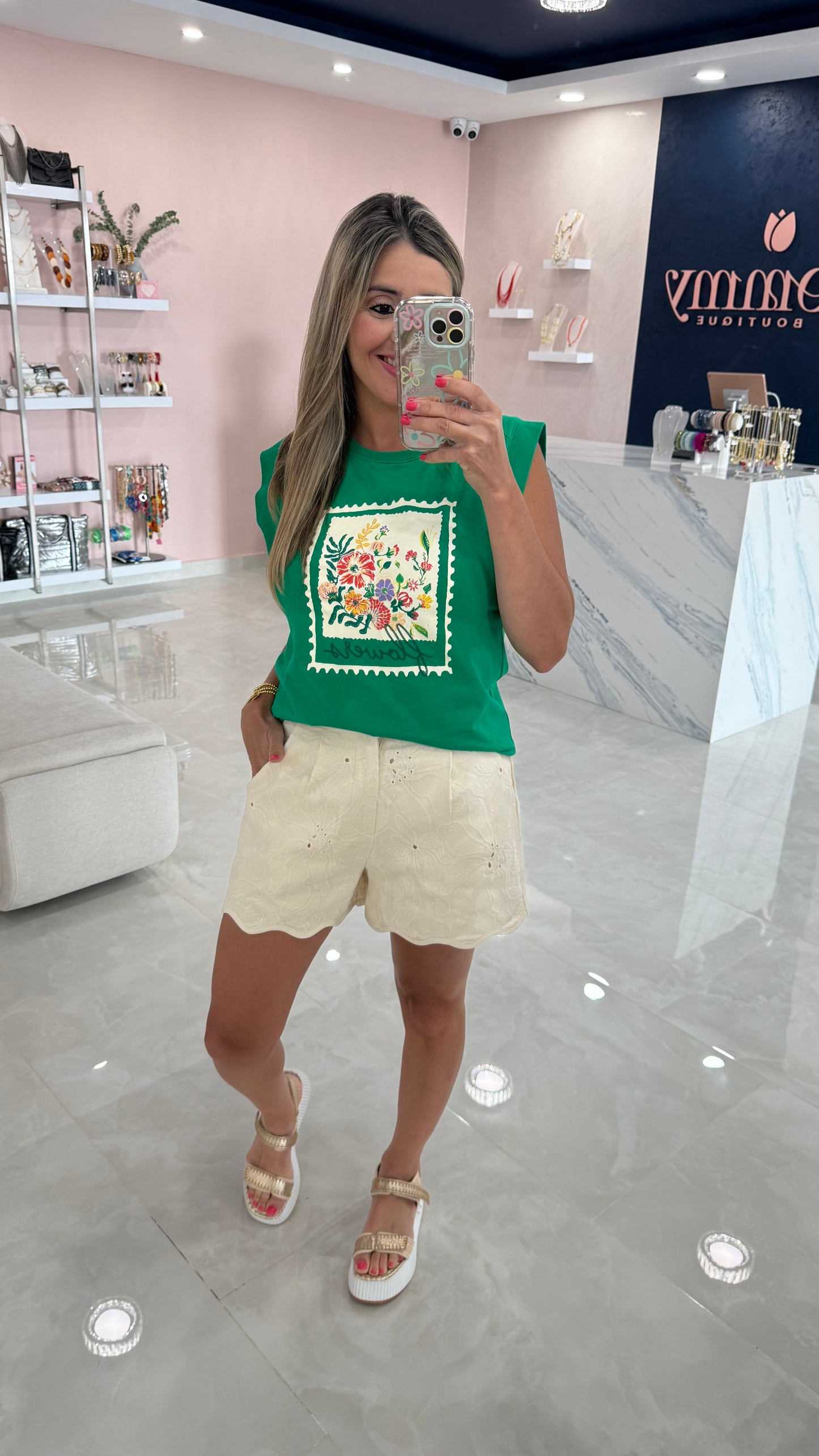 Flower Graphic Embroidered Top Green