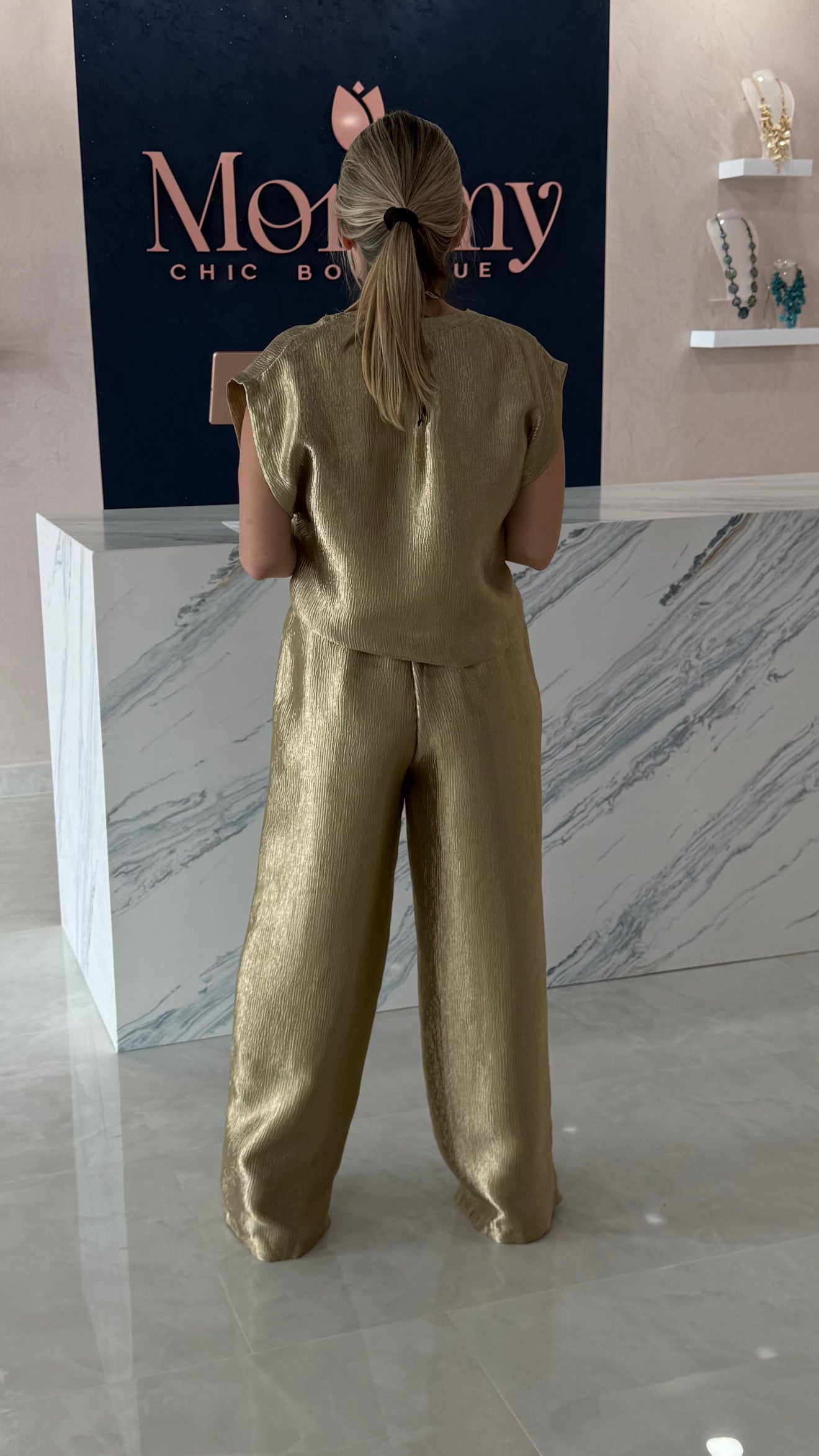 Textured Top & High Waist Pant GLD