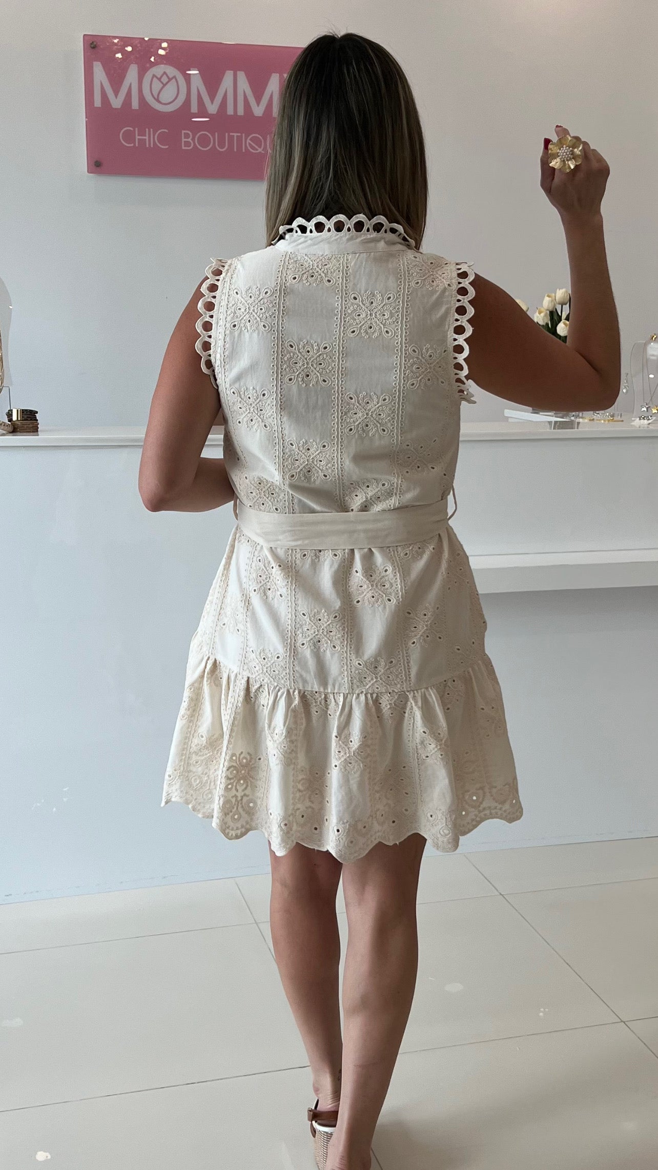 Embroidery Short Dress Cream