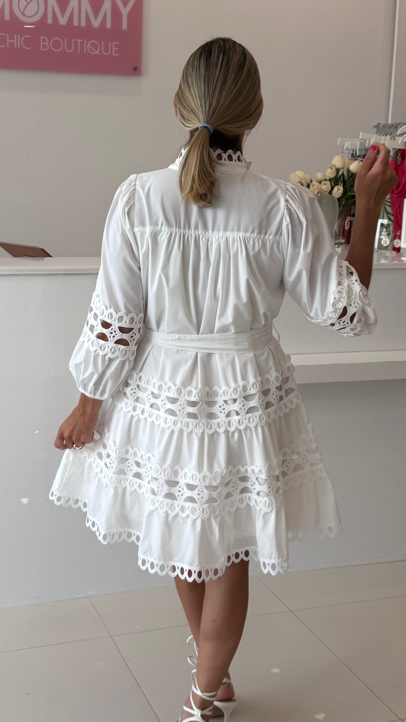 3/4 Sleeve Pearl Buttons Dress With Lace Detail White