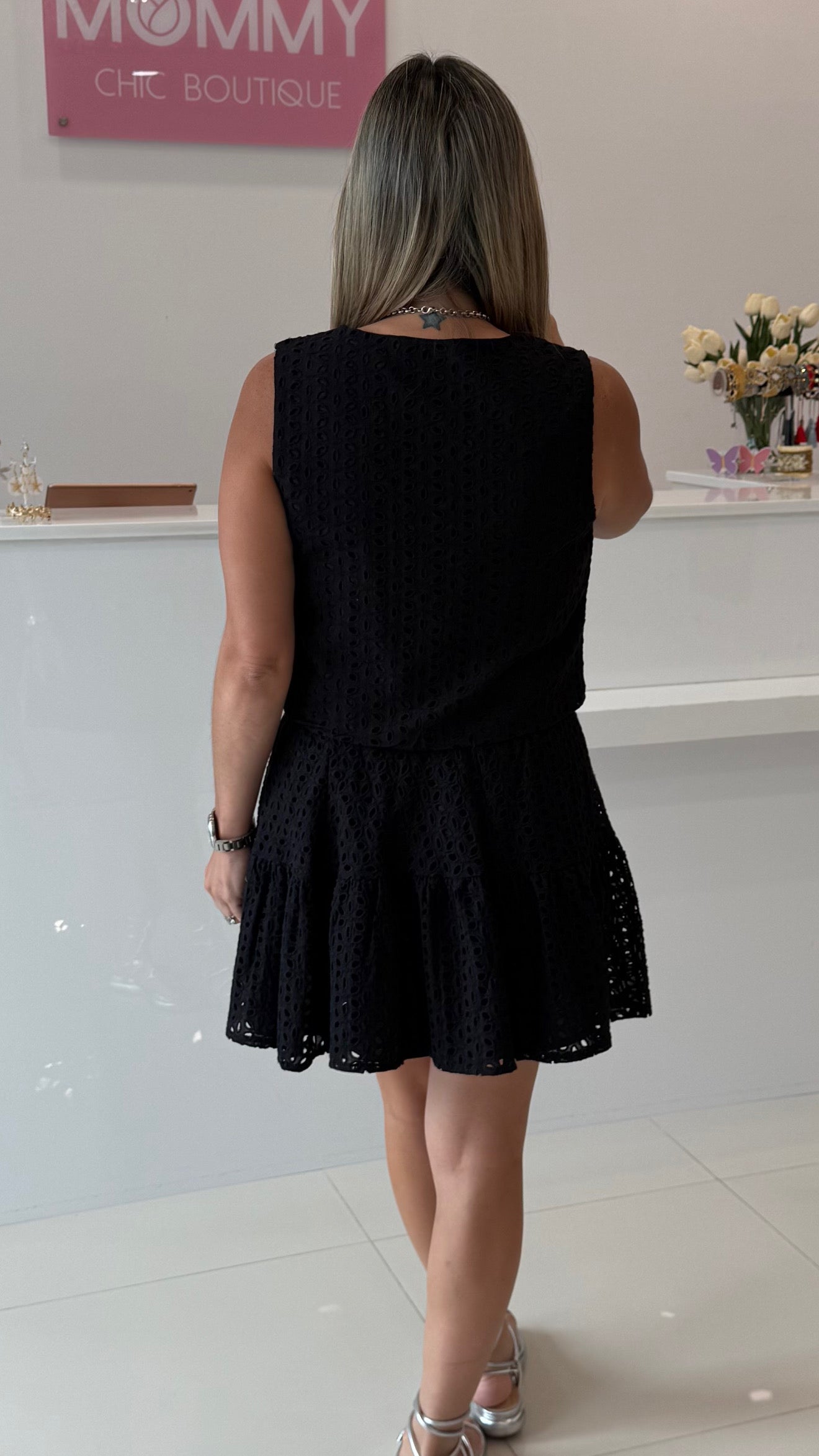 Eyelet Vest Top & Skirt Set Black