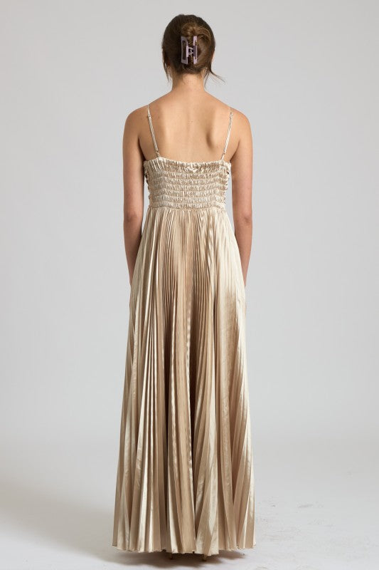 Pleated Satin Maxi Dress Champagne