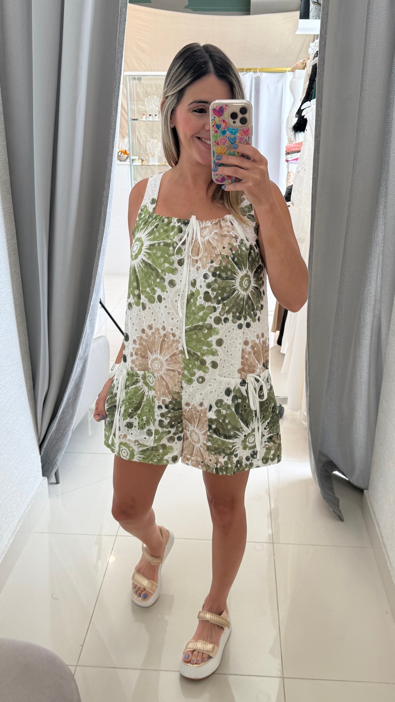 Printed Eyelet Romper Taupe/Green