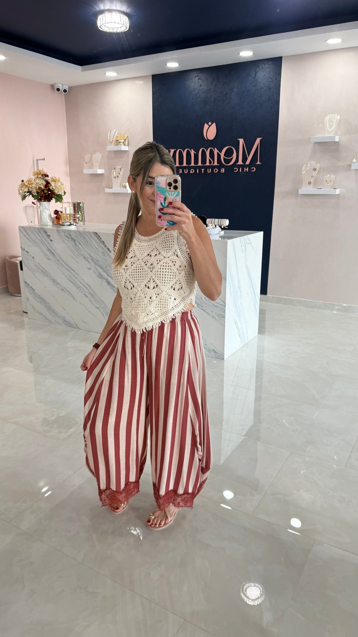 Stripe Barrel Pant Burgundy