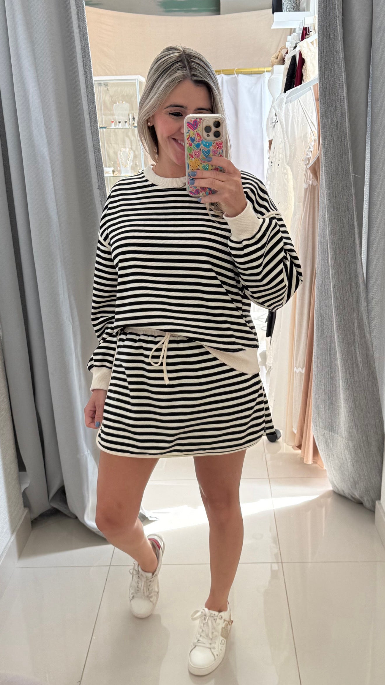Stripped Ling Sleeve & Skort Set Black / Ivory