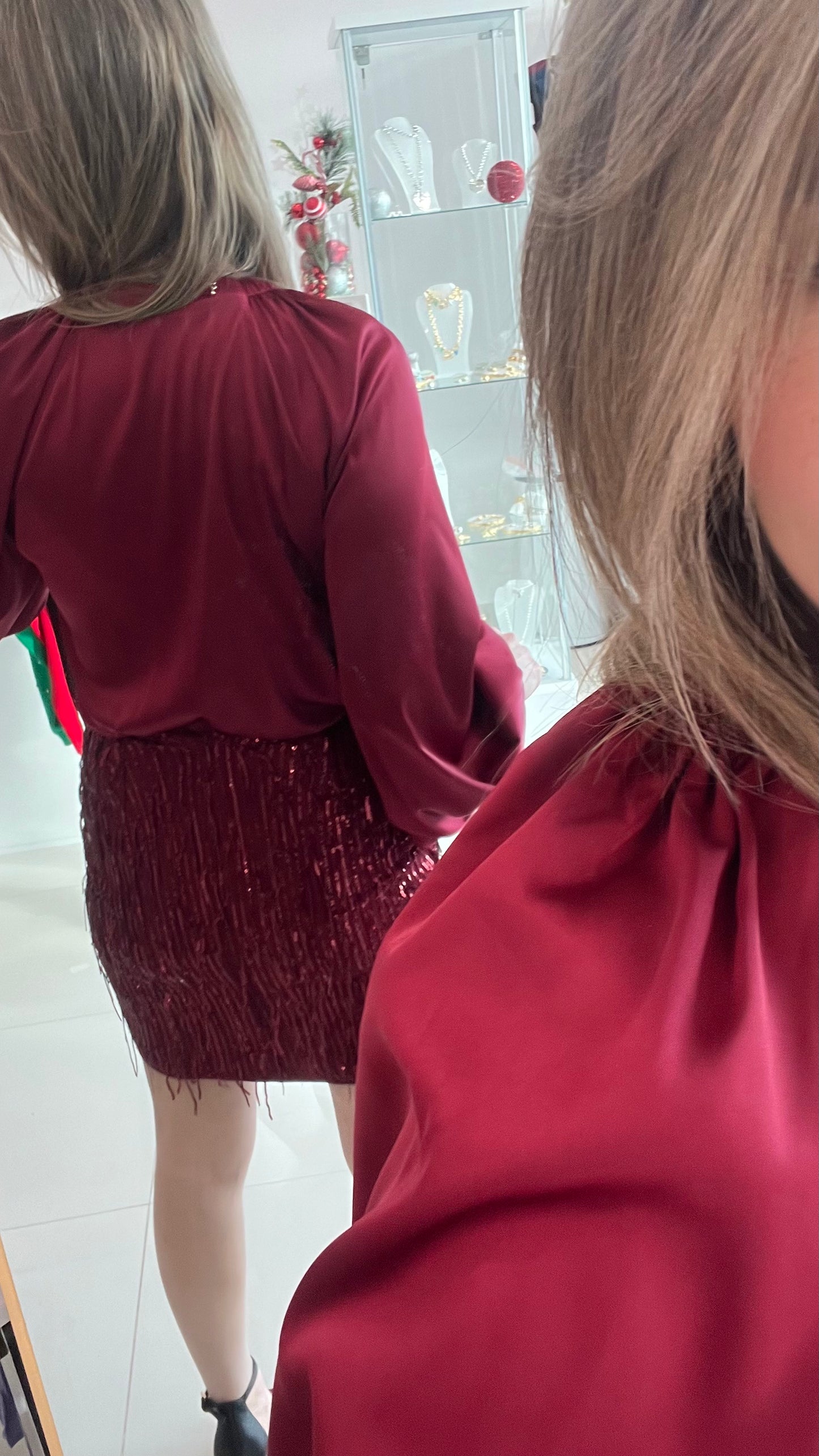 Satin Bodysuit & Sequin Skirt Set Burgundy