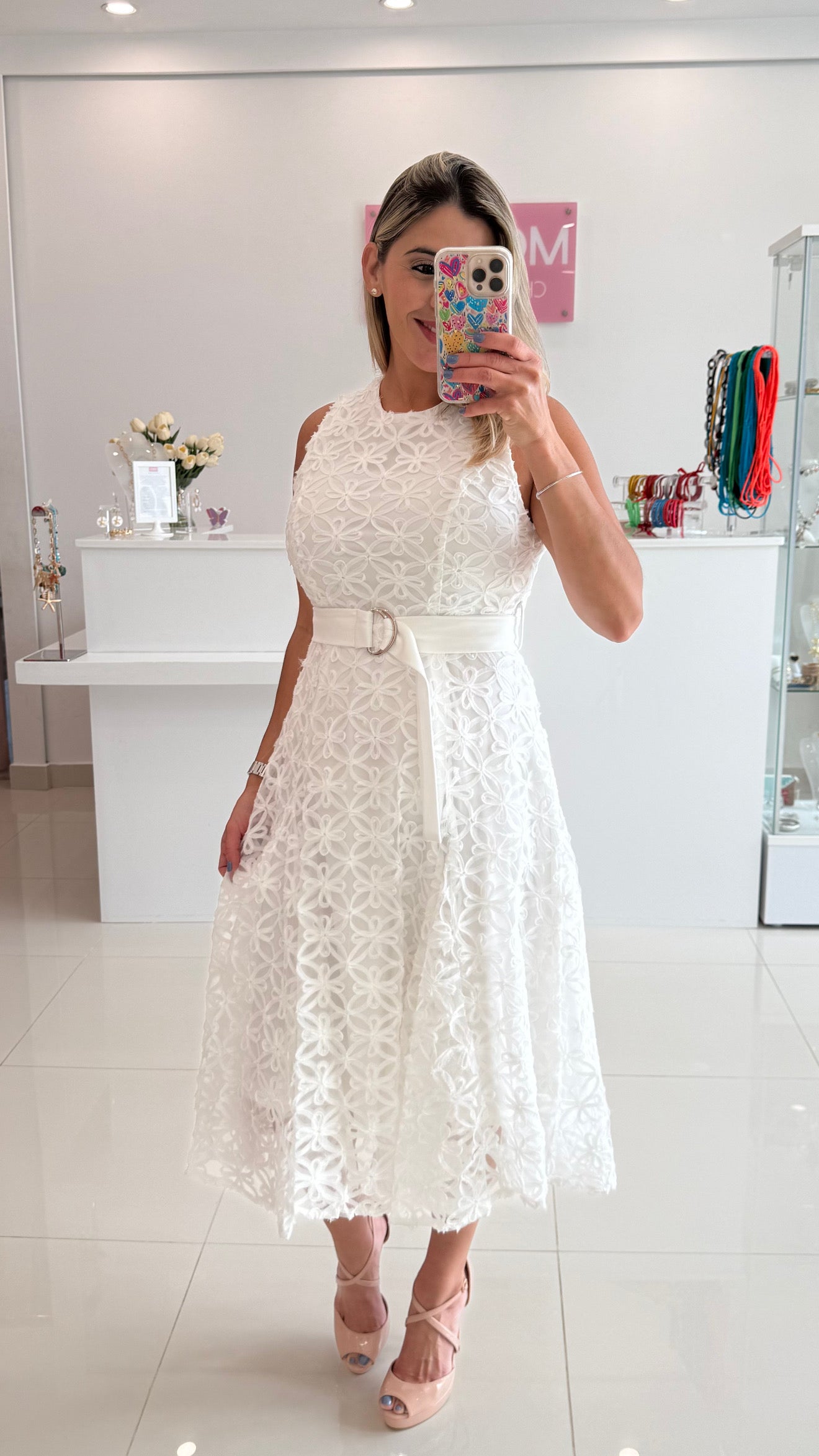 3D Flower Midi Dress White