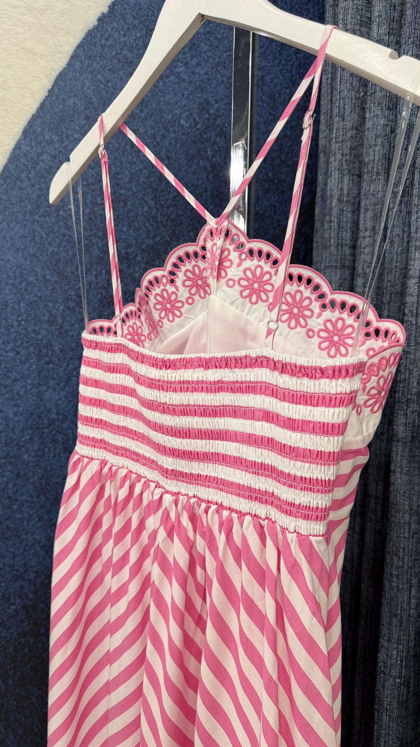 Embroidery Stripe Maxi Dress Pink