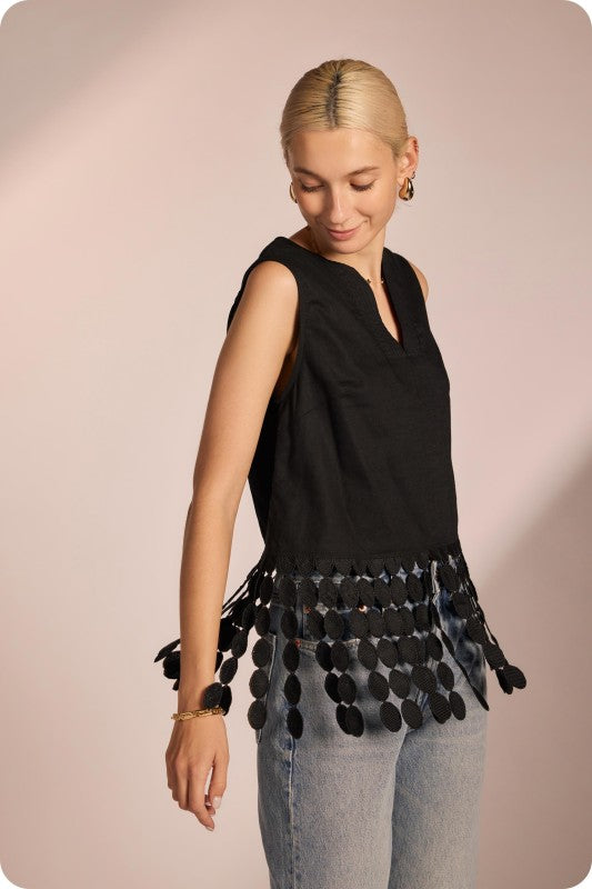 Dotted Fringe Linen Top Black