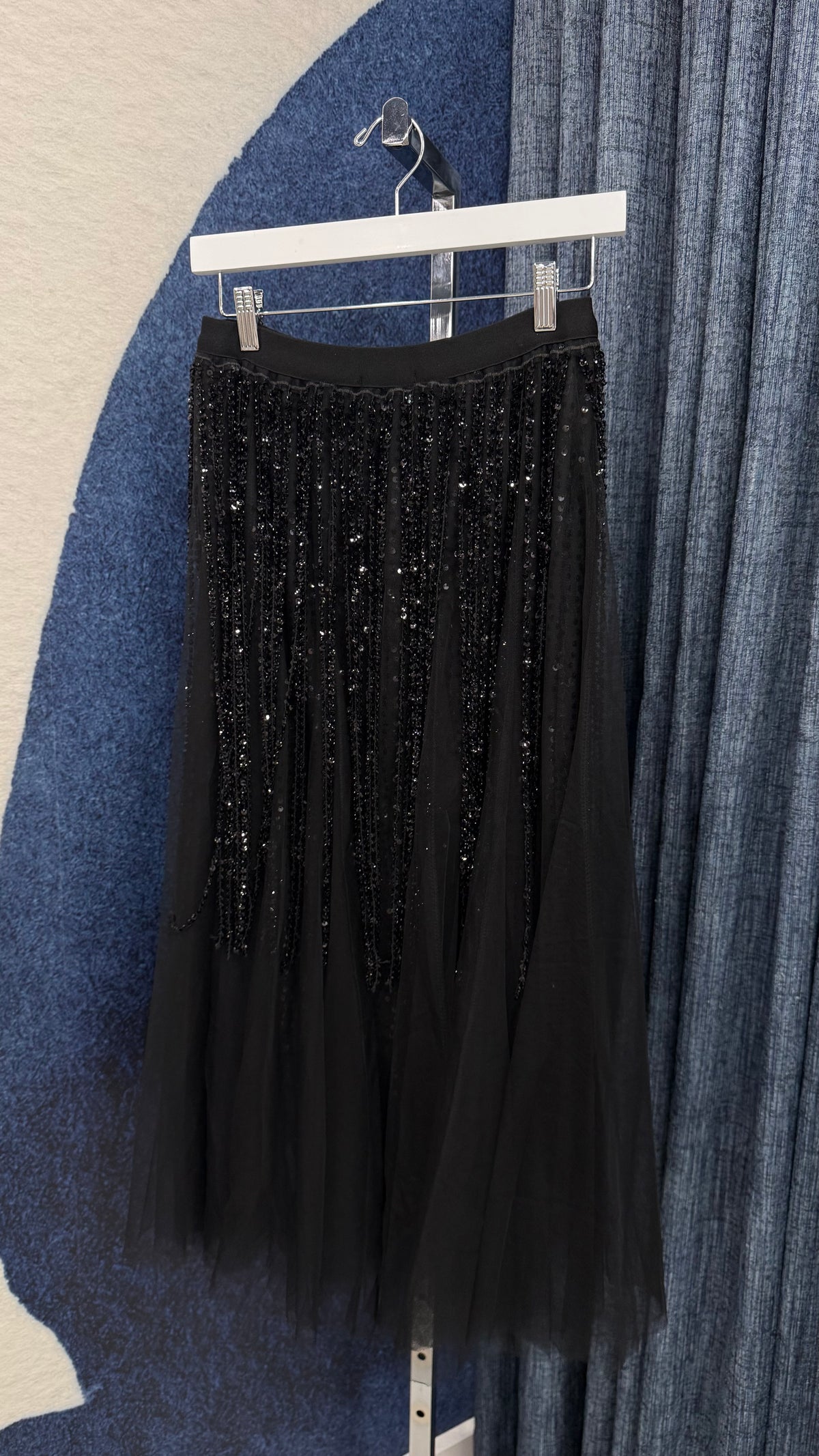 Mesh Sequin Fringe Skirt Black