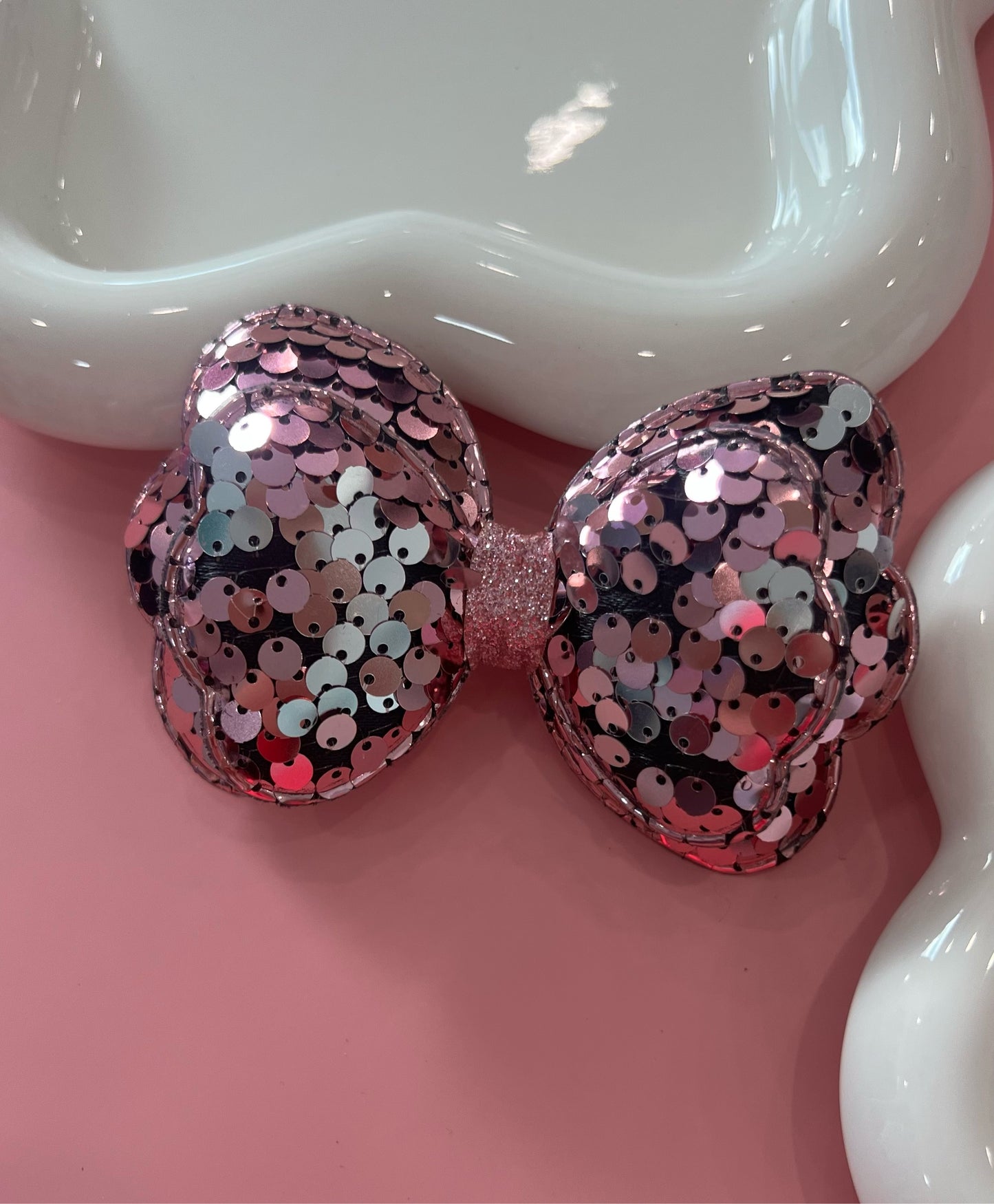 Sequin Bow Clip Pink 3” 1/2