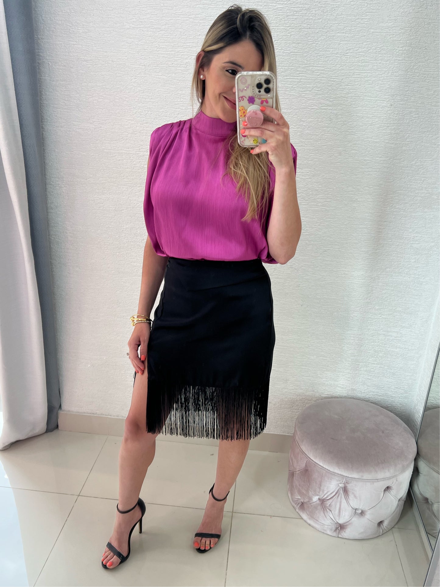 Satin Fringe Skirt - Black