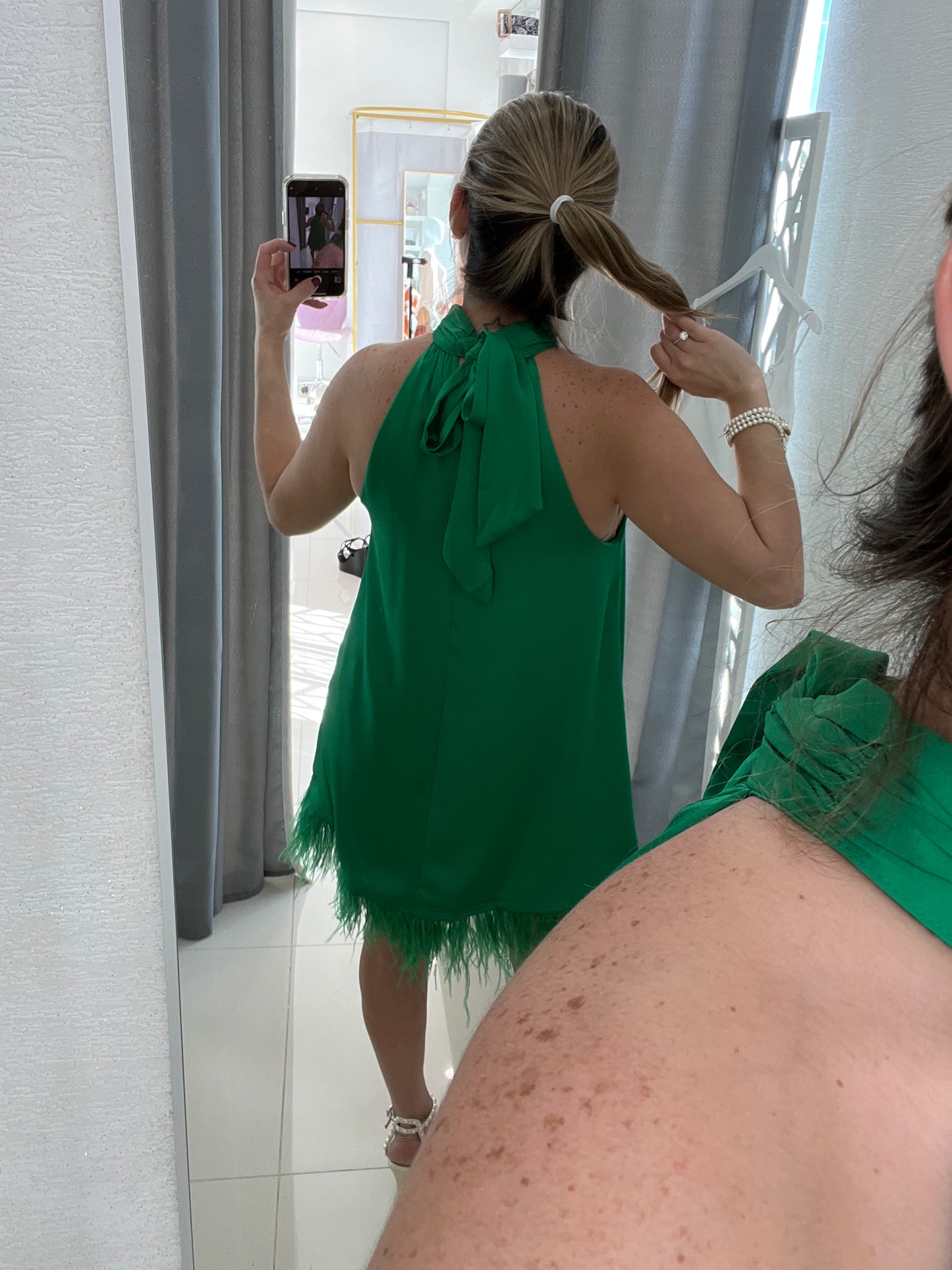 Halter Feathers Dress - Satin Kelly Green