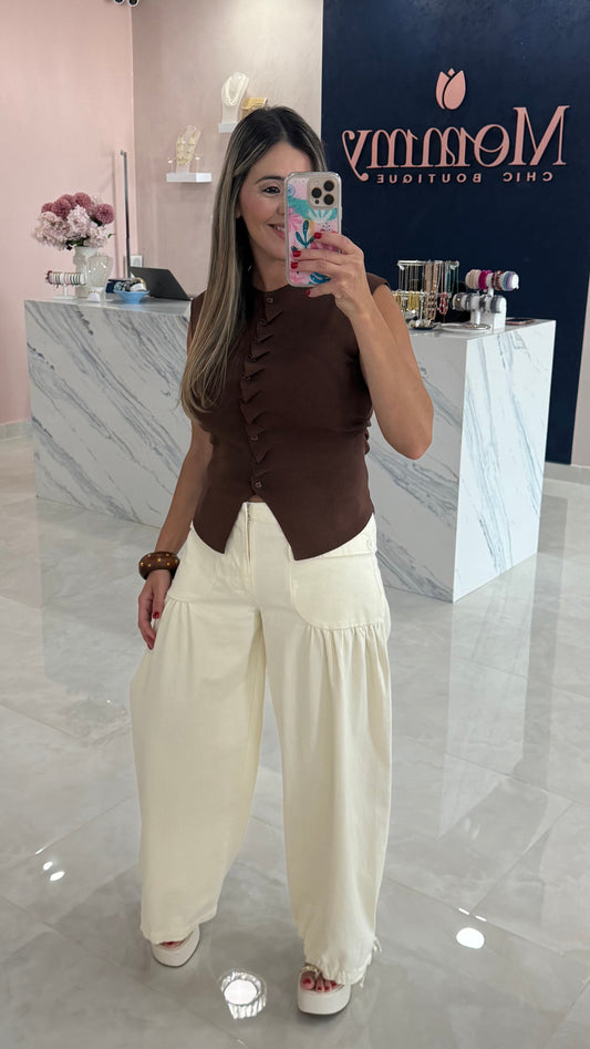 Denim Pant With Drawstring Ivory