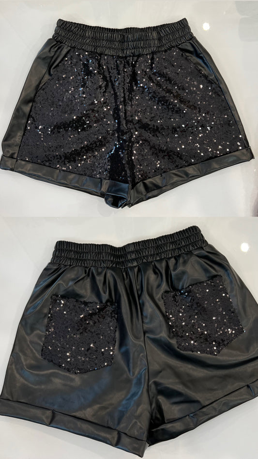 Leather Short With Sequins Black