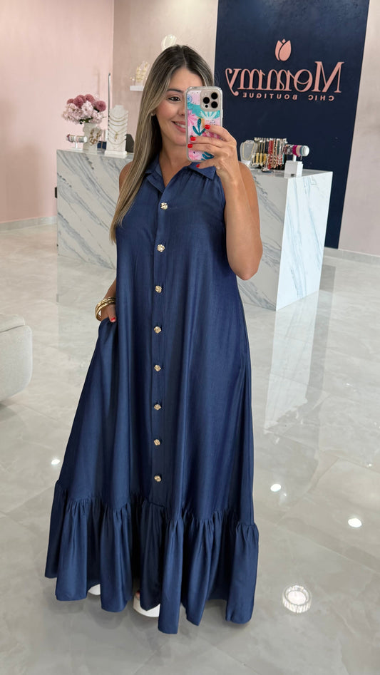 Gold Button Down Maxi Dress Blue