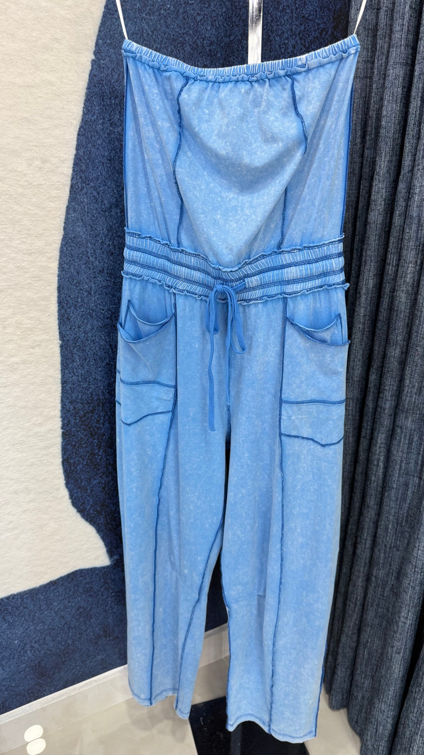 Blue Mineral Washed Strapless Jumpsuit