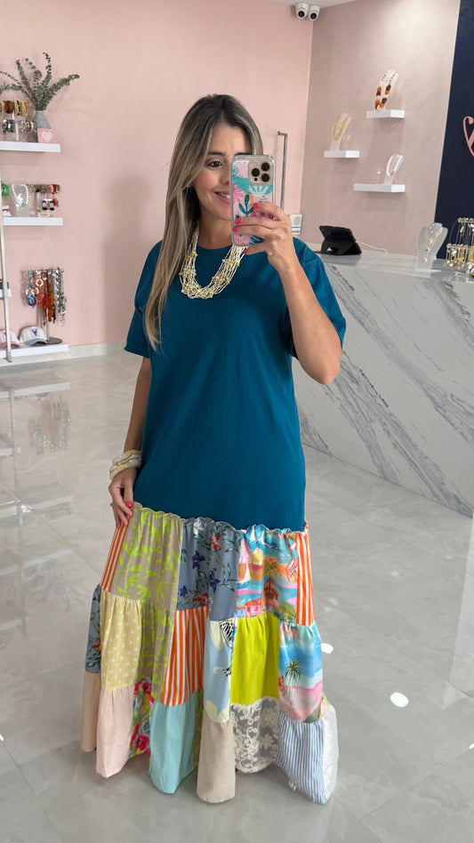 Colombia Dress Teal / Printed Mix