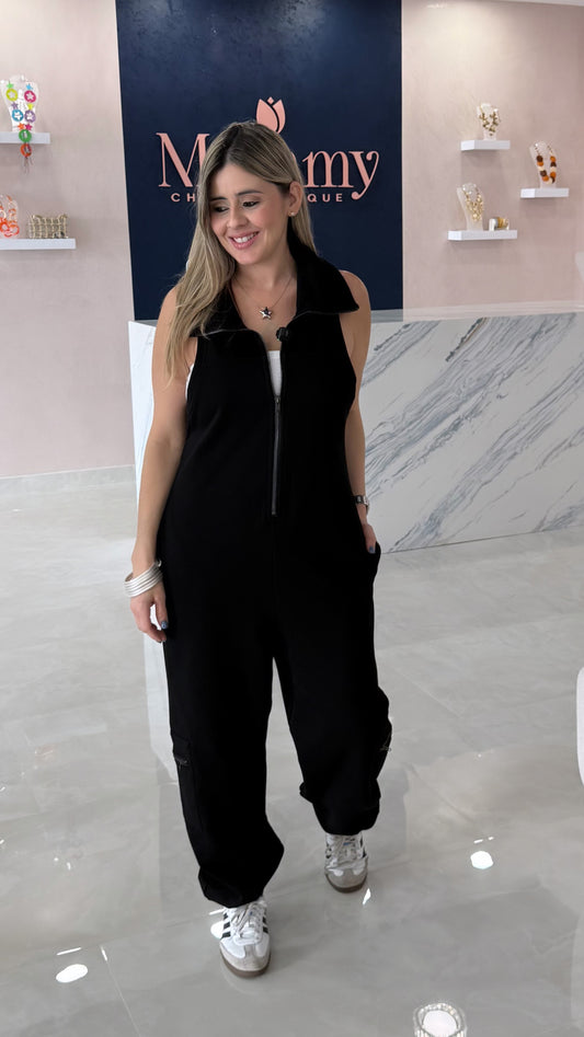 Zip Up Sleeveless Cargo Jumpsuit BLk
