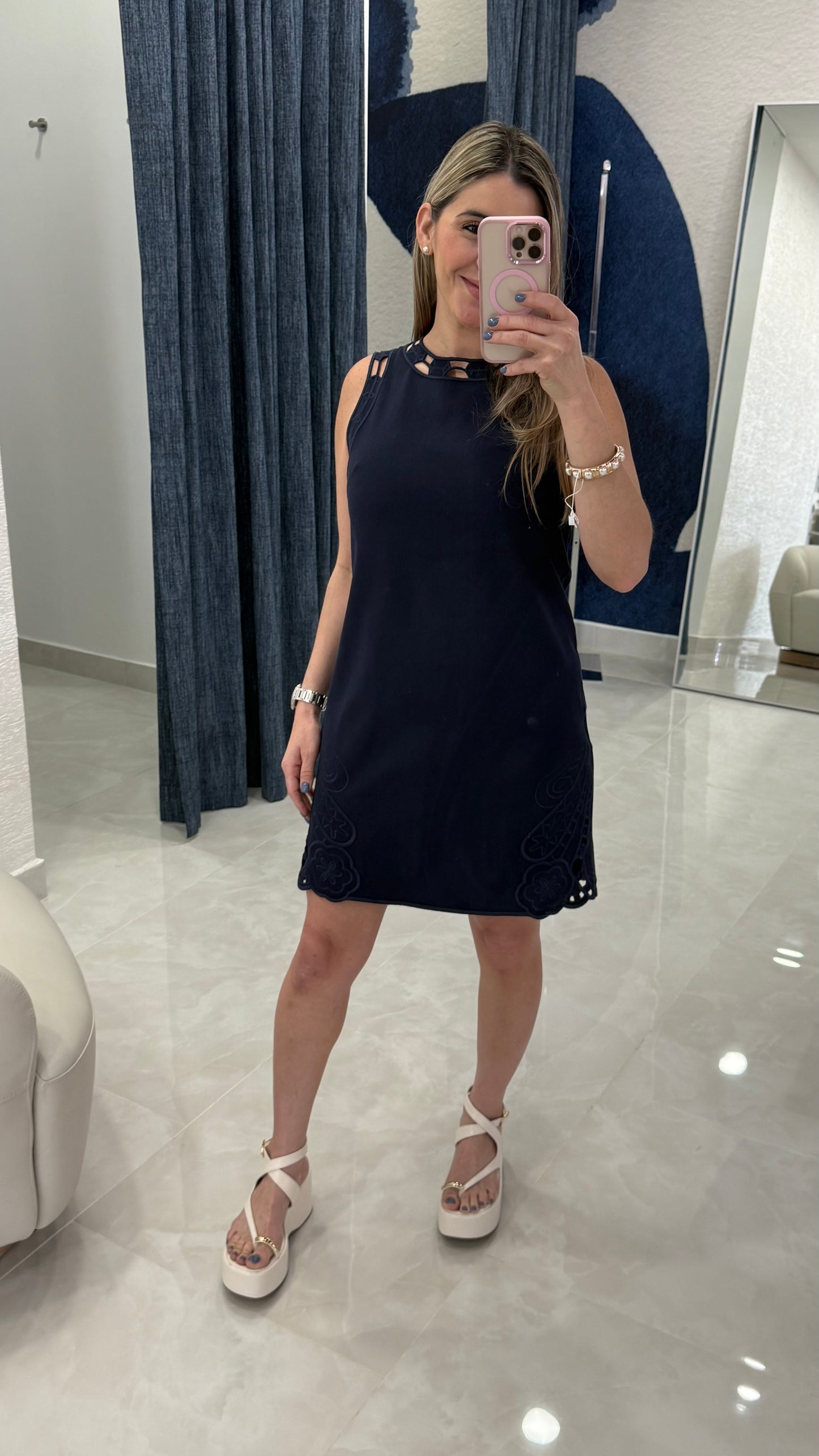 Embroidered Denim Dress Navy