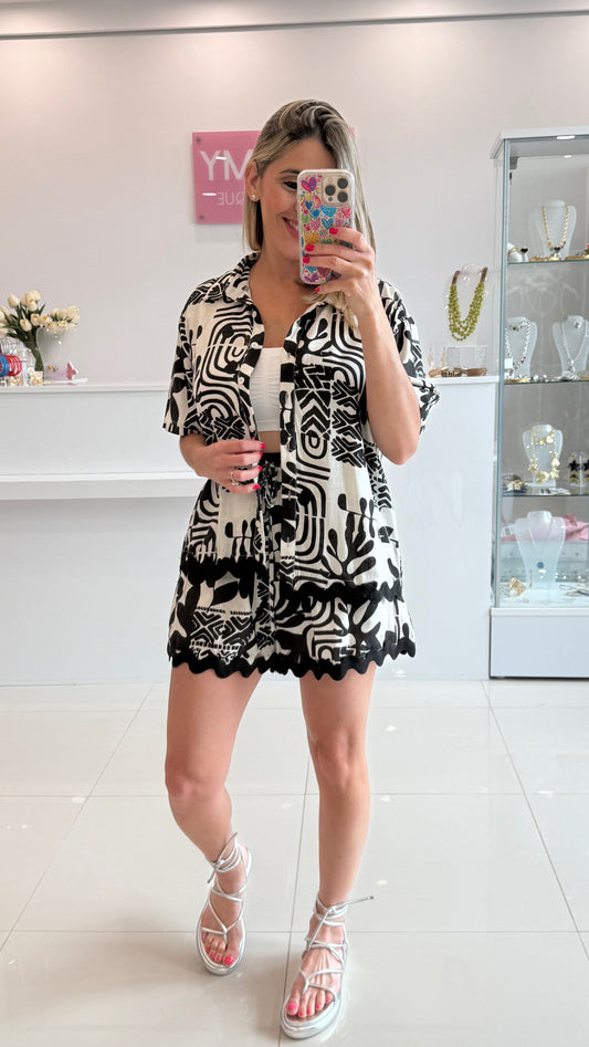 Printed Linen Top & Short Set Black