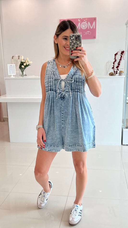 Pleated Washed Denim Romper Blue