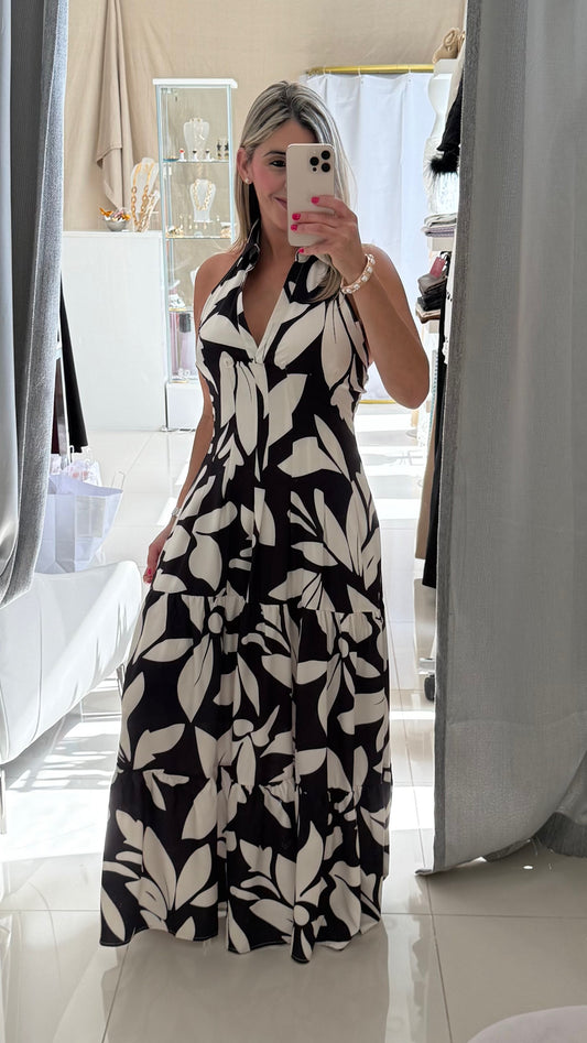 Printed Halter Maxi Dress Ivory & Black