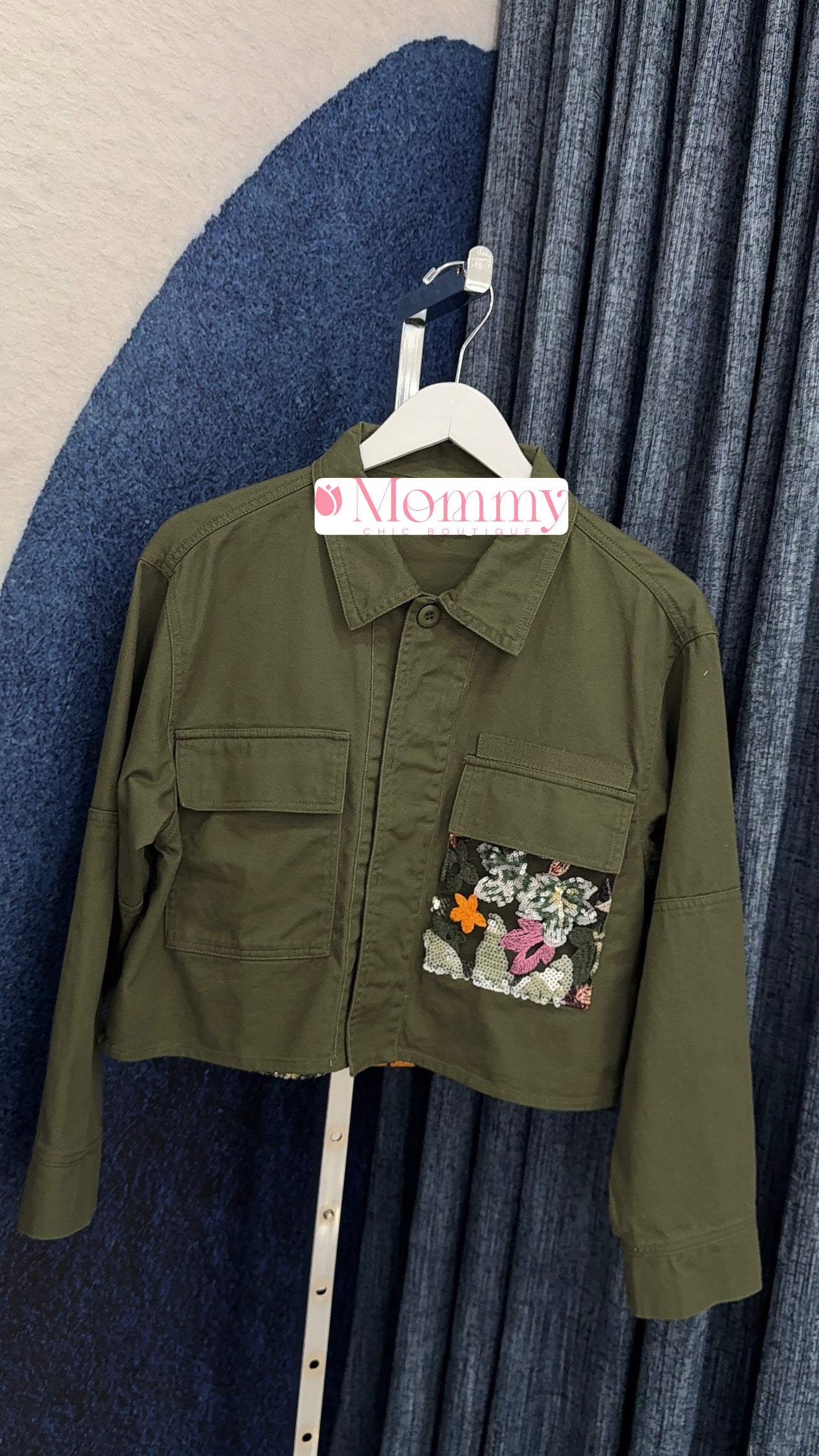 Sequins & Mesh Denim Jacket Olive