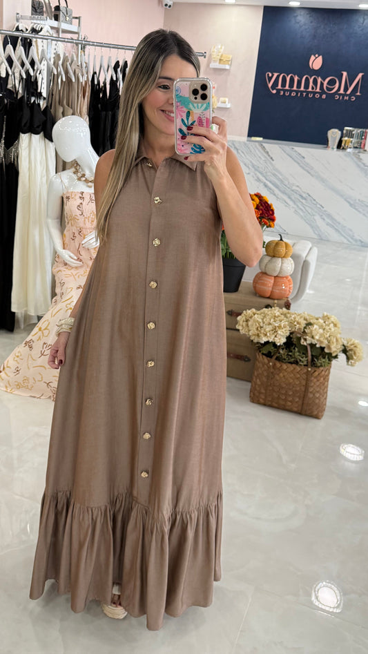 Gold Button Down Maxi Dress Mocha
