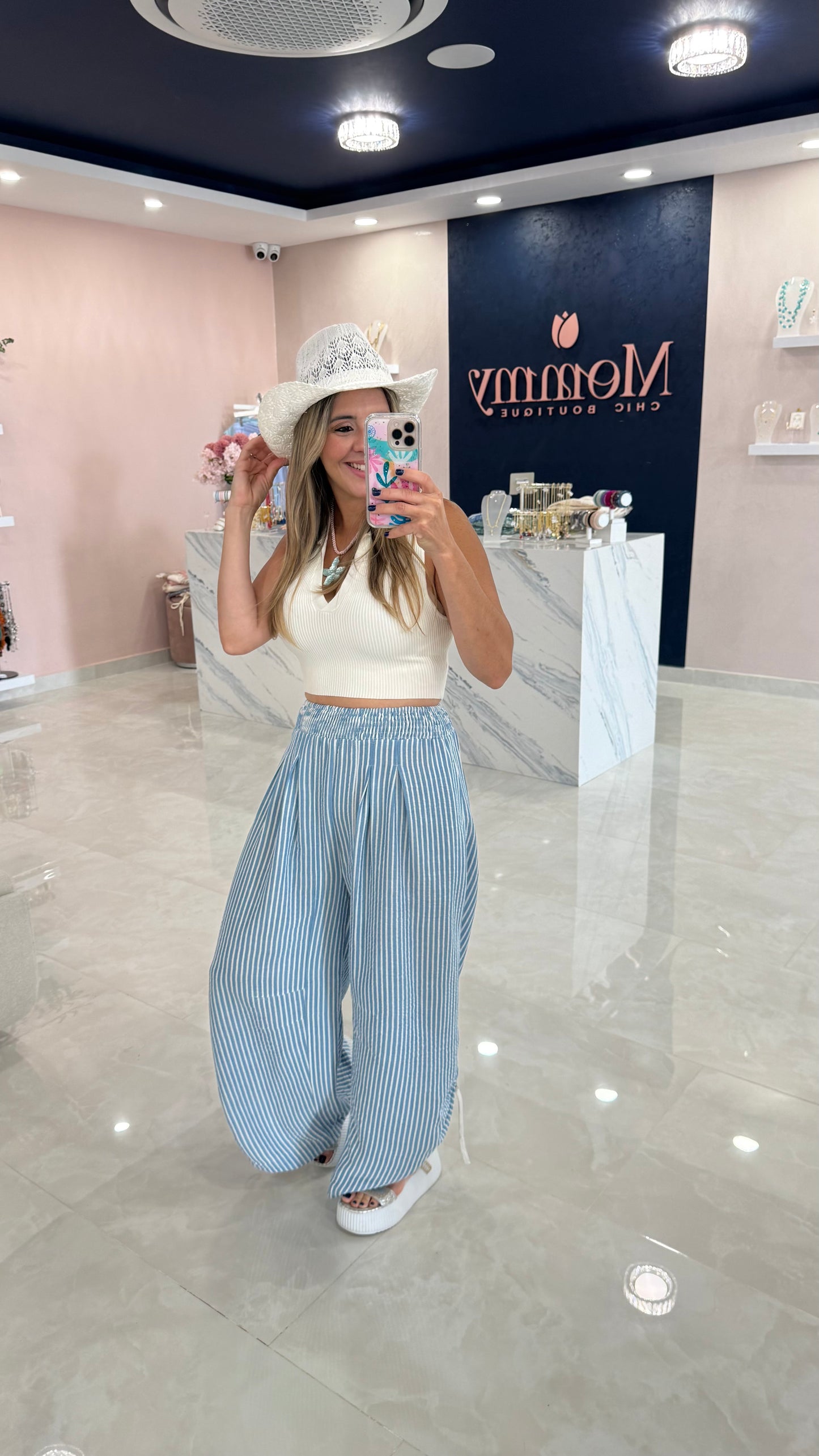 Stripped Barrel Pant With Drawstring Blue
