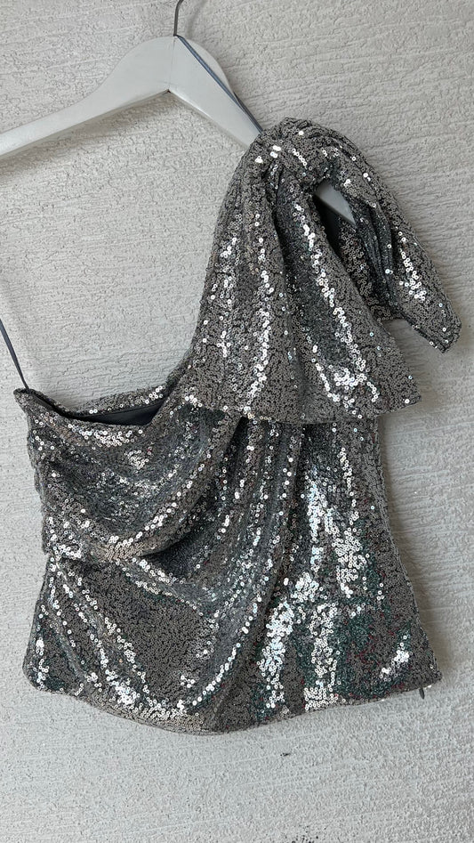 Sequins Top One Shoulder With Bow Silver