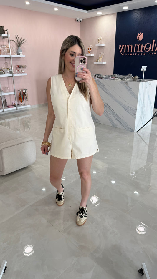 Sleeveless V Neck Denim Romper Ivory