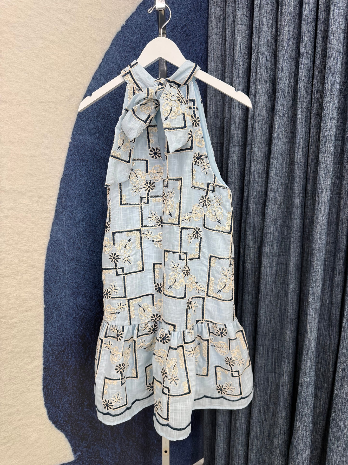 Halter Embroidery Dress Blue (Oversized)