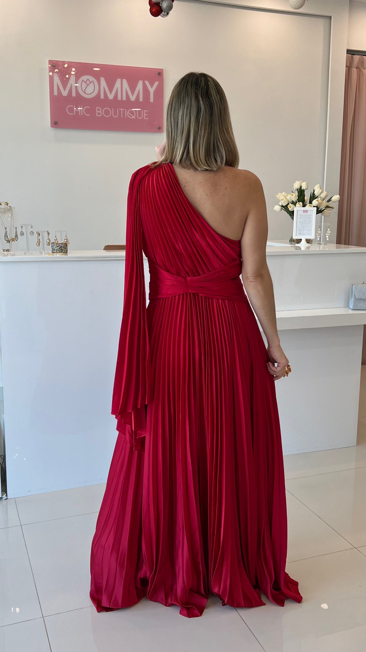 One Shoulder Pleated Maxi Dress Red