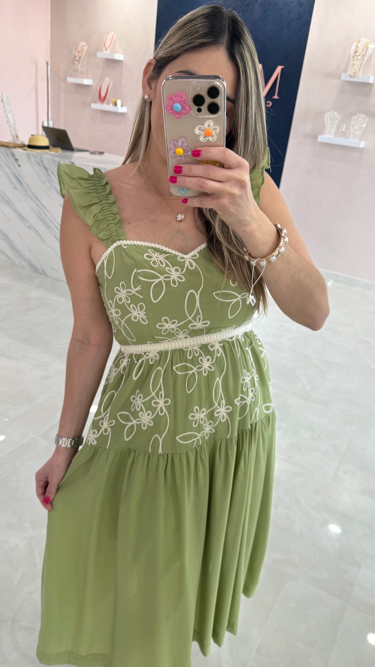 Floral Embroidery Midi Dress Sage Green