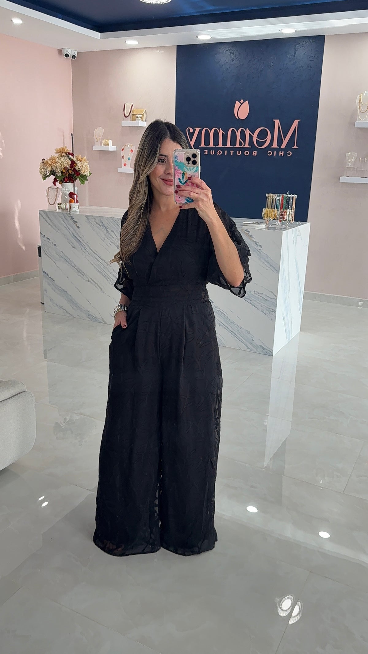 Textured Printed V Neck Jumpsuit Black