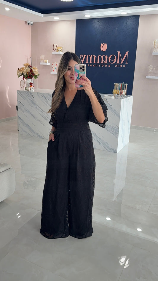 Textured Printed V Neck Jumpsuit Black