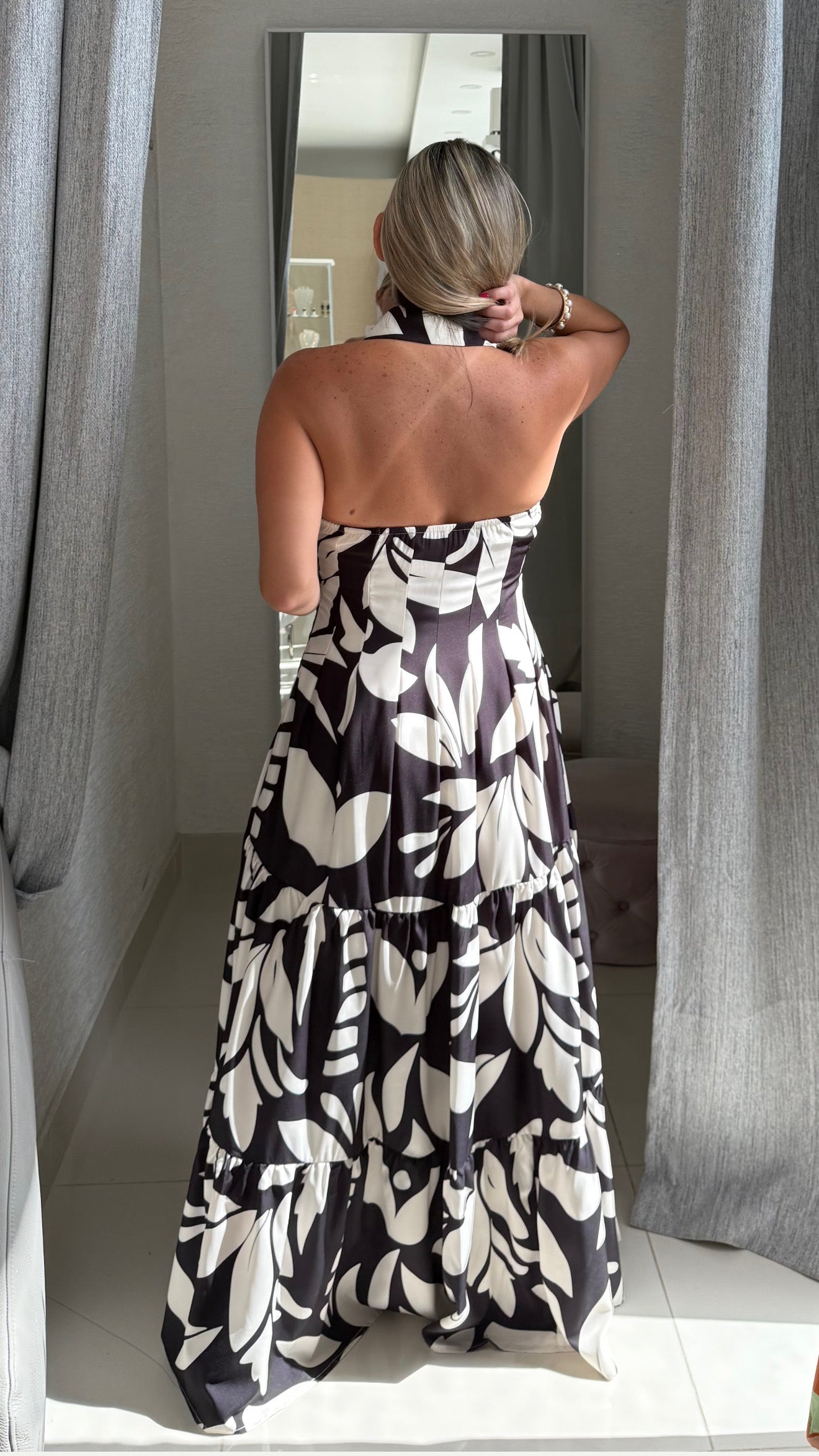 Printed Halter Maxi Dress Ivory & Black