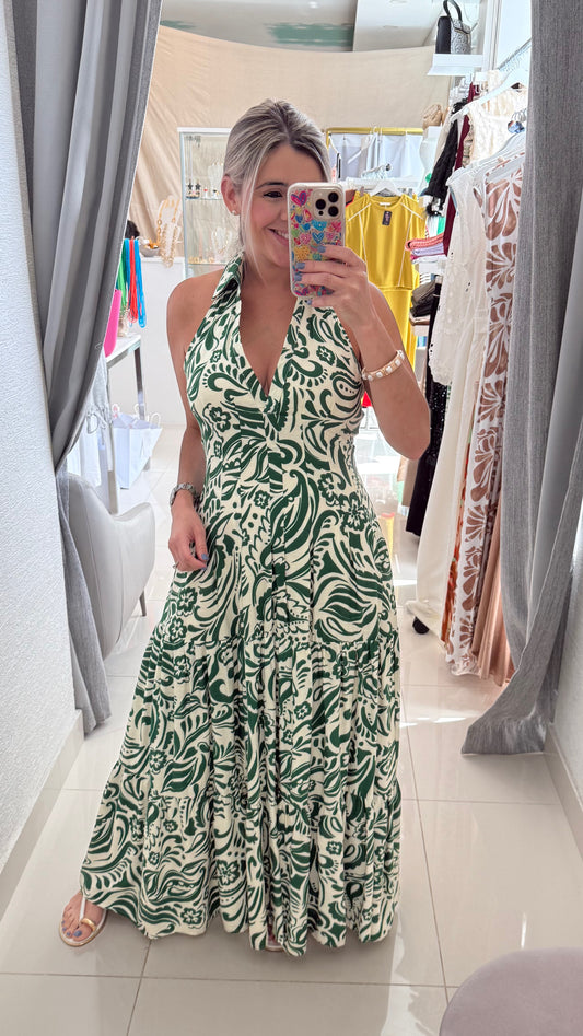 Printed Halter Maxi Dress  Green