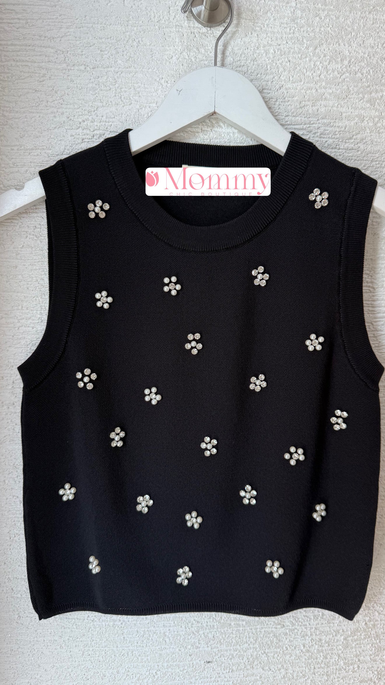 Flower Rhinestone & Pearls Top Tank Black