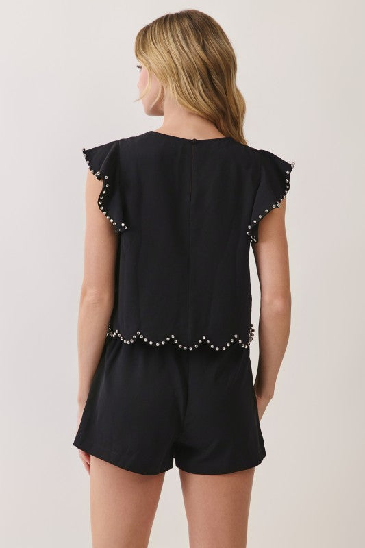 Scallop Stud Trim Top & Skort Set Black