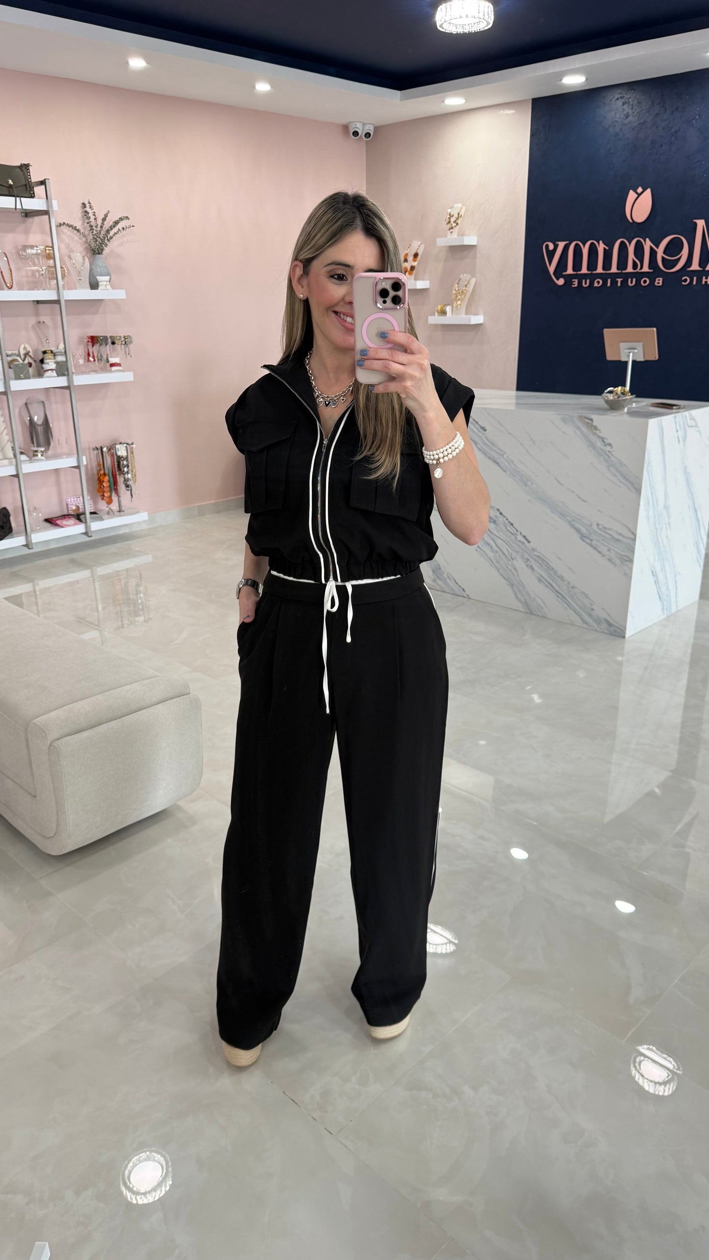 Zipper Top & Contrast Pant Set