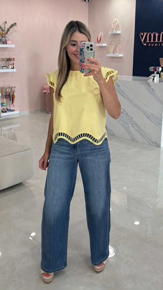 Denim Embroidered Sleeve Top Lemon