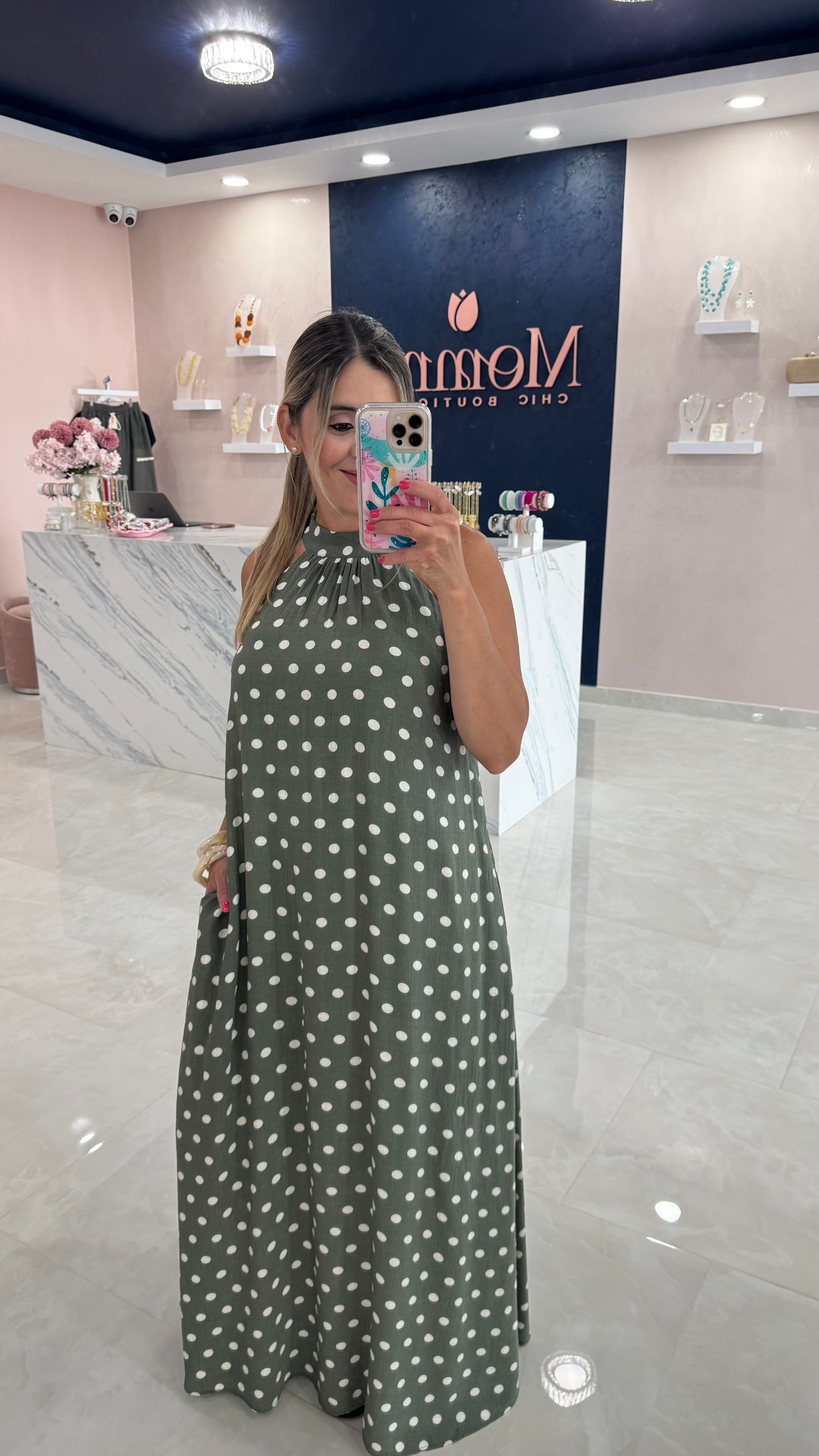 Polka Dots Maxi Dress Olive